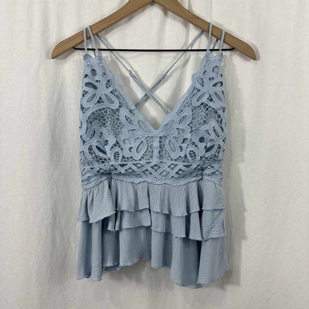 C&V Chelsea & Violet Blue Lace Ruffle Layered Strappy Peplum Boho Top Women’s L